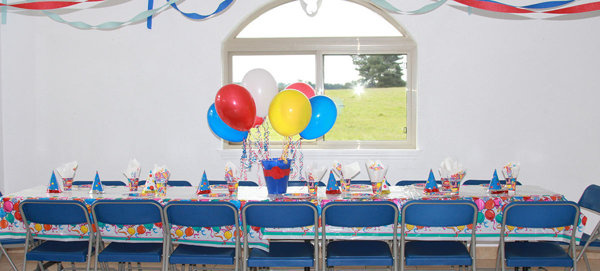 Party Room at Emerald Dolphin Party room set up at Emerald Dolphin. Colors of Red, White, Blue and Yellow.