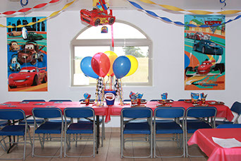 photo of party room set up with the "Cars" theme.