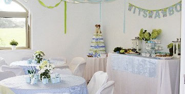 party room decorated for a boys baby shower