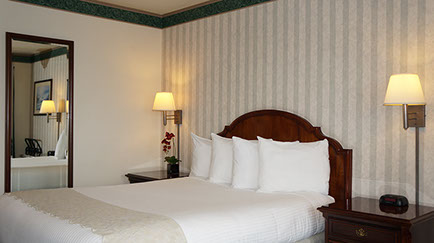 This photo shows our cozy guest room with a queen bed, 2 night stands, lamps, alarm clock and full length mirror.