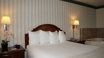 This pho shows our Queen size bed, Jacuzzi tub seats two. A Chest of drawers, night stand, lamp, alarm clock, direct dial phone and decorations 