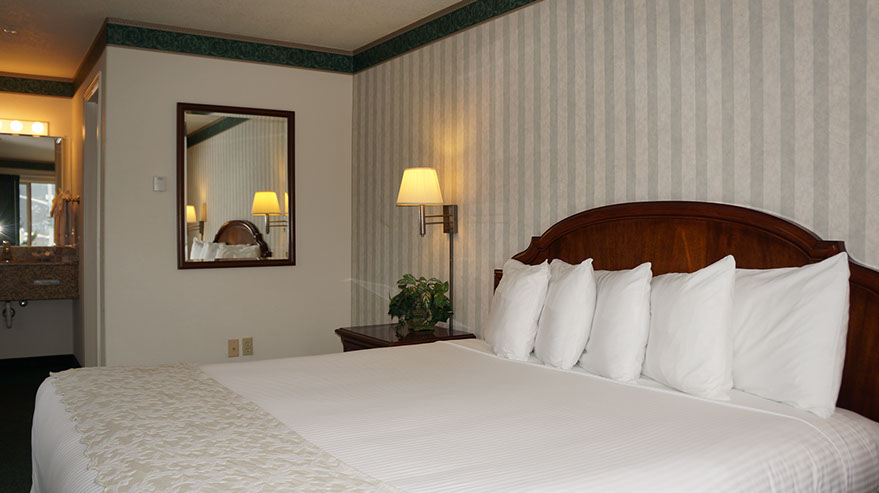 King Suite Guest Room Photo showing European King bed, large mirror, night stand with lamp and entrance to sink area and door to restroom.