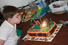 a boy blows out candles on his birthday cake.